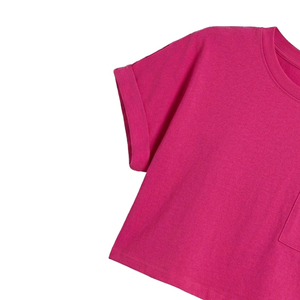 Camiseta Corta para Mujer, Color Rosa Sólido, con Bolsillo, Manga Corta, Cuello Redondo, Algodón, Blusa Informal de Verano - Product Image 5