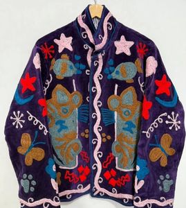 Purple Velvet <b>Mandarin</b> <b>Collar</b> <b>Jacket</b> Hand Embroidered Floral Pattern Full Sleeve Winter Outerwear Women's Coat Suzani <b>Jacket</b> - Product Image 3