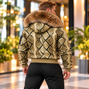 Men Python Leather Luxury <b>Hooded</b> <b>Jacket</b> with <b>Fur</b> Trim Contemporary Motorcycle Fashion, Herren Lederjacke | Chaqueta Hombre Cuero - Product Image 2