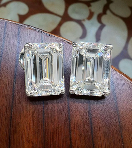 <b>Emerald</b> Cut Diamond <b>Stud</b> <b>Earrings</b> 925 Silver Rhodium Plated Handmade Setting Luxury Women's Wedding Jewelry - Product Image 4