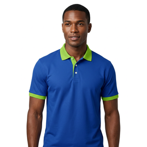 Polo pour homme bleu uni avec col et poignets verts, manches courtes, style décontracté en tricot - Product Image 3