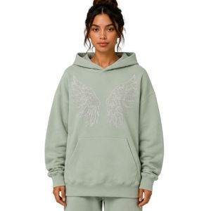 Sweat-shirt décontracté d'hiver pour femme, vert sauge, surdimensionné, avec ailes d'ange en strass, en molleton de coton premium - Product Image 1
