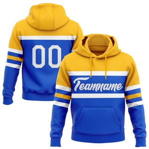 เสื้อฮู้ดดี้แบบสวมหัวสำหรับเล่นกีฬา ดีไซน์ใหม่จากโรงงานขายส่งโดยตรง ตกแต่งด้วยลายเส้นสีน้ำเงินฟ้า-ขาว-ทอง - Product Image 1