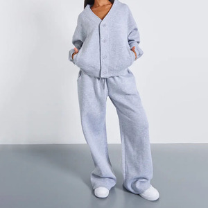 Custom Women's 2 Piece Knitted <b>Lounge</b> Set V Neck Button Cardigan <b>Wide</b> <b>Leg</b> <b>Pants</b> Solid Gray Loose Fit Loungewear Tracksuit - Product Image 1