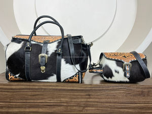 Nueva bolsa de lona de viaje de cuero con herramientas manuales con bandolera a juego, conjunto de bolsa de cosméticos, conjunto de equipaje de dos piezas occidental de piel de vaca genuina - Product Image 4