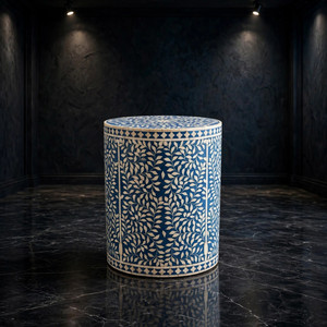 Tabouret de jardin en céramique fait main, design géométrique bleu et blanc, table d'appoint ronde pour salon et patio - Product Image 2