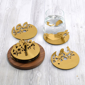 Luxury Metal <b>Coaster</b> Set With Wooden Holder Bright Nickel Plated Zinc Alloy <b>Drink</b> <b>Coasters</b> For Table Protection Letter Design - Product Image 6