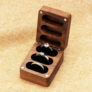 Walnut Wooden Wedding Ring <b>Storage</b> <b>Box</b>, Solid Ring Holder <b>for</b> 3 Slots, <b>Black</b> Inner - Product Image 2