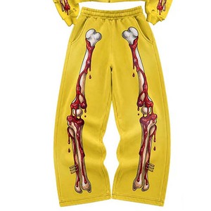 Conjunto de Sudadera con Capucha y Pantalones Deportivos para Hombre, Estampado de Esqueleto Amarillo, Estilo Urbano, Impresión Digital, Poliéster, Dos Piezas, Ropa de Otoño - Product Image 3
