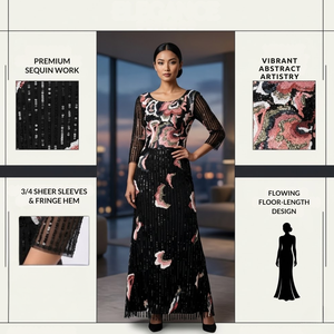 Vestido de Noche Moderno para Mujer, Negro, con Lentejuelas Bordadas, Corte en A |   Vestido de Fiesta Largo hasta el Suelo con Manga Media, Estampado Floral y Espalda Descubierta - Product Image 5