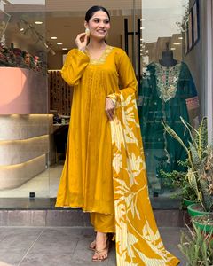 Latest Women's Mustard Chinon Silk Embroidery Kurti with Viscose Chanderi <b>Pant</b> With Chinon <b>Lineing</b> Dupatta Sets - Product Image 6