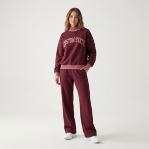Conjunto de 2 Piezas para Mujer, Sudadera con Estampado de Letras en Felpa Verde Salvia y Pantalones Anchos de Corte Holgado - Product Image 1
