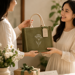 Jute Shopping <b>Bag</b> Green With <b>White</b> Floral Print Medium Size Top Handle Daily Use - Product Image 6