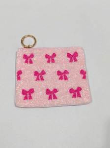 Monedero rosa con cuentas y patrón de lazo, cierre de cremallera, bolso de mano hecho a mano, lindo y bonito, para regalo, cuentas de vidrio - Product Image 1
