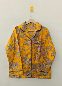 Conjunto de Pijama y Ropa de Estar para Mujer, Tejido a Mano, 100% Algodón, Estampado Floral Amarillo, Elegante, Artesanal, Sanganeri - Product Image 2