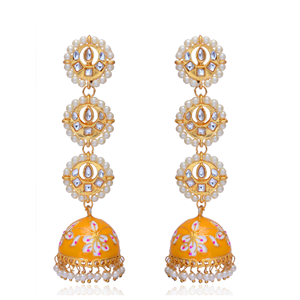 Indien fait à la main en laiton émail peint Jhumkas cristal boucles d'oreilles de mariée bijoux fleur impression Jhumkas pour mariage Haldi décor - Product Image 5