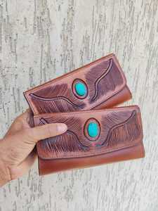 Handmade 100% Genuine Leather Long Clutch <b>Wallet</b> With Turquoise Inlay Embossed Feather Design Vintage Bi-Fold Closure Daily Uses - Product Image 2