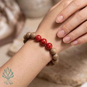 Bracelet en Bois d'Agar Naturel du Vietnam de Qualité Supérieure, Rond, AL-SD-0027-10, avec 15 Perles de Bois d'Agar et 4 Perles de Corail Fossile Rouge, pour Usage Quotidien - Product Image 2