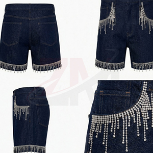 Shorts de Mezclilla de Cintura Alta con Decoración de Flecos con Cuentas, Lavado Oscuro, Estilo Casual, Ropa de Verano para Hombre, Shorts de Mezclilla con Pedrería - Product Image 4