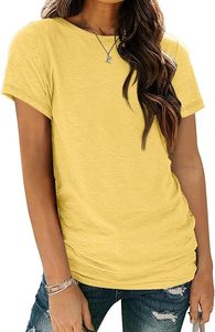 Camiseta de Punto de Algodón para Mujer, Cuello Redondo, Manga Corta, Corte Regular, Color Amarillo Sólido, Transpirable, Informal, para Primavera/Verano - Product Image 6