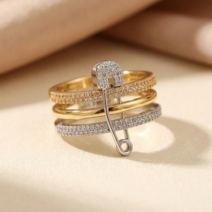 Safety Pin Motif Multi Band <b>Stacked</b> <b>Ring</b> Cut Lab Grown Diamond Women's Engagement Luxury Statement <b>Ring</b> Unique Trendy Gold Band - Product Image 1