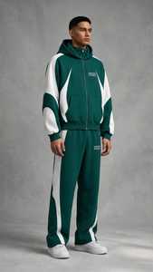 Sweat-shirt et pantalon de sport 2 en 1 pour homme, vert et blanc, respirant, à capuche, fermeture éclair intégrale, coupe ample - Product Image 2