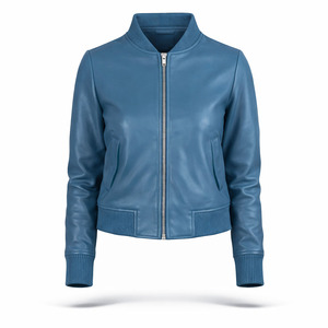 Chaqueta Bomber de Cuero Genuino Azul Cielo para Mujer, con Ribete de Punto Acanalado, Otoño Invierno, Logotipo, Casual, Lujo, Fabricante OEM ODM al por Mayor - Product Image 1