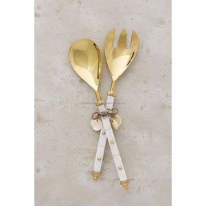 Gold Finish Metal Salad Server Stainless Steel Luxury Salad <b>Fork</b> & Spoon Cutlery Sets With Mother of Pearl Resin Handles Latest - Product Image 1