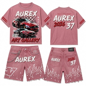 Ensemble T-shirt court et short streetwear pour homme, design clouté, délavage acide, 100 % coton, impression sérigraphique personnalisée, collection été - Product Image 1