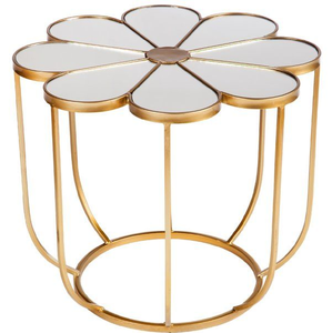 Modern two-tier <b>side</b> <b>table</b> featuring dark round tops and a curved gold <b>wire</b> spiral frame, available at wholesale prices. - Product Image 3