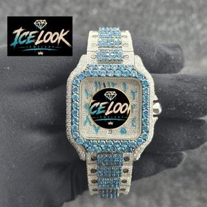 ICELOOK นาฬิกาฮิปฮอปสุดหรูสแตนเลสสตีลทรงสี่เหลี่ยมผืนผ้าหน้าปัดคริสตัลสีน้ำเงินเพชรอนาล็อกควอตซ์ยูนิเซ็กส์ 40 มม. - Product Image 5