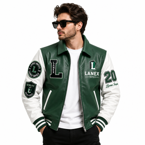 Custom Green <b>White</b> Leather Varsity <b>Jacket</b> for <b>Men</b> Premium Letterman Bomber <b>Jacket</b> with Chenille Embroidered Patches OEM ODM - Product Image 1
