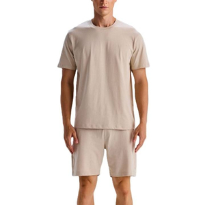 Men's Summer Casual 2-Piece Set Crew Neck T-Shirt Shorts Solid Color Knitted Cotton Breathable <b>Athletic</b> Wear - Product Image 1