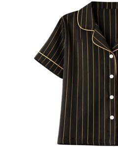 Ensemble pyjama femme rayé noir et or, manches courtes, boutonné, en satin, deux pièces, short de nuit, ensemble de vêtements de détente - Product Image 5