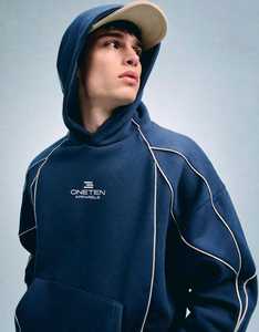 ONETEN APPARELS <b>Mens</b> Navy Oversized <b>Hoodie</b> Contrast Stitching Embroidered French Terry Pullover Sweatshirt Anti-Pilling Acid - Product Image 3