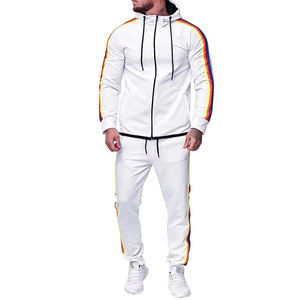Men's Custom <b>White</b> Hooded <b>Tracksuit</b> With Rainbow Stripes Full Sleeve Zipper Casual Sportswear Streetwear - Product Image 1