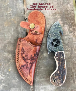 Cuchillo de caza OEM Wirecut de acero de Damasco, tipo Skinner, con mango de asta de ciervo, hoja fija, para camping, actividades al aire libre y EDC, con funda de cuero. - Product Image 1