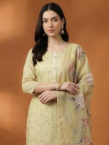 Ensemble Kurta et pantalon en lin brodé de fleurs pour femme, coupe droite, longueur mollet, avec dupatta - Product Image 3