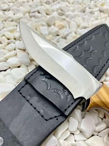 Couteau de chasse Jexa 4116 en acier inoxydable, lame fixe, couteau à dépecer pour le camping, bord partiellement dentelé, manche en bois d'olivier, étui en cuir - Product Image 3