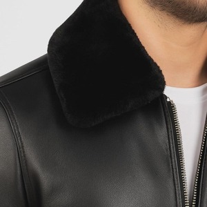 Blouson aviateur en cuir noir pour homme – Col en peau de mouton - Product Image 5