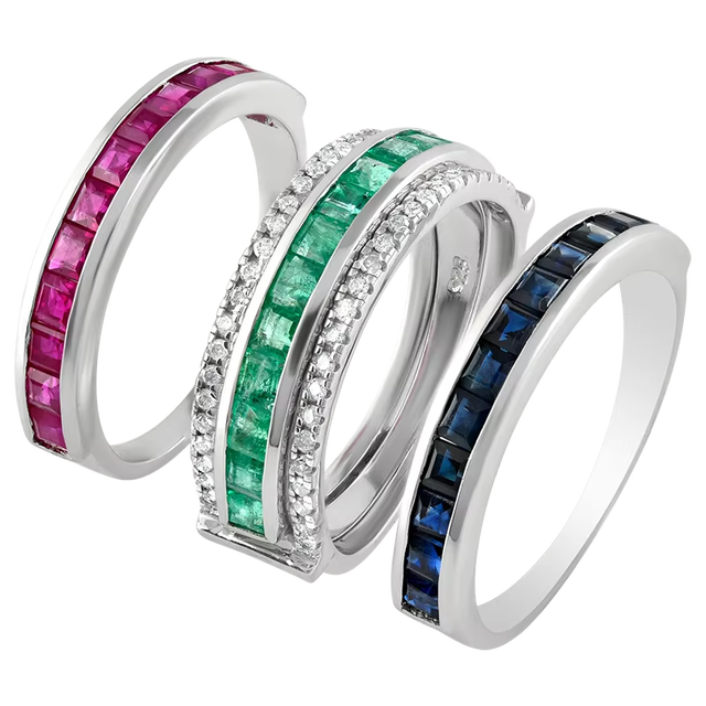 Diamond and Ruby Blue Sapphire Emerald Ring in 92.5 Sterling Silver KLSR-10777