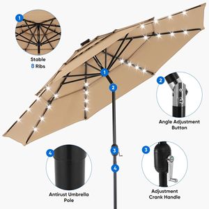 Ombrellone da Esterno a 3 Livelli con LED Solari, Regolazione Inclinazione, Resistente ai Raggi UV, in Poliestere Kaki, 3 Metri - Product Image 4
