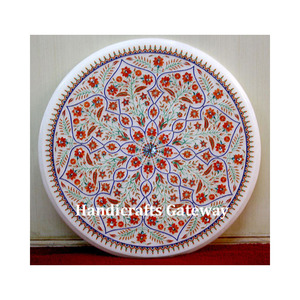 Plateau de table en marbre blanc de forme octogonale, incrustation de fleurs faite à la main, design avec surface brillante, à utiliser pour une table basse dans un restaurant - Product Image 4