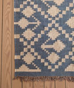 Tapis en laine fait main |   Tapis d'appoint abstrait bleu et ivoire tissé à la main |   Tapis en laine naturelle à poils ras, écologique, pour salon et chambre à coucher - Product Image 2