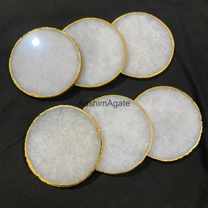 Natural White Quartz <b>Coasters</b> with Golden Edge Polished Stone Drink <b>Coasters</b> Luxury Home Décor Wholesale - Product Image 1