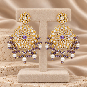 Pendientes de Araña Florales con Piedras Moradas Bañados en Oro y Perlas de Imitación, Joyería de Boda Pakistaní, Suministro al por Mayor Directo de Fábrica - Product Image 1