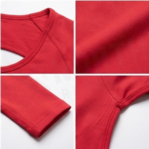 <b>Red</b> <b>Long</b> <b>Sleeve</b> <b>Crop</b> <b>Top</b> Scoop Neck Cut-Out Seamless Breathable Yoga Wear Women's Sportswear - Product Image 4