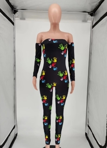 Mono largo negro de mujer con hombros descubiertos, estampado a mano colorido, cintura alta, ajuste ceñido, para discoteca, largo completo - Product Image 3