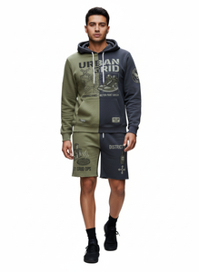 Urban Grid Hoodie Shorts <b>Set</b> Men's Street Style Cotton French Terry Printed Two-Tone Olive Black Autumn Wear - Product Image 2
