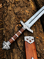 Épée viking en acier damas forgé à la main avec fourreau en bois, design antique plaqué argent, objet de collection artistique